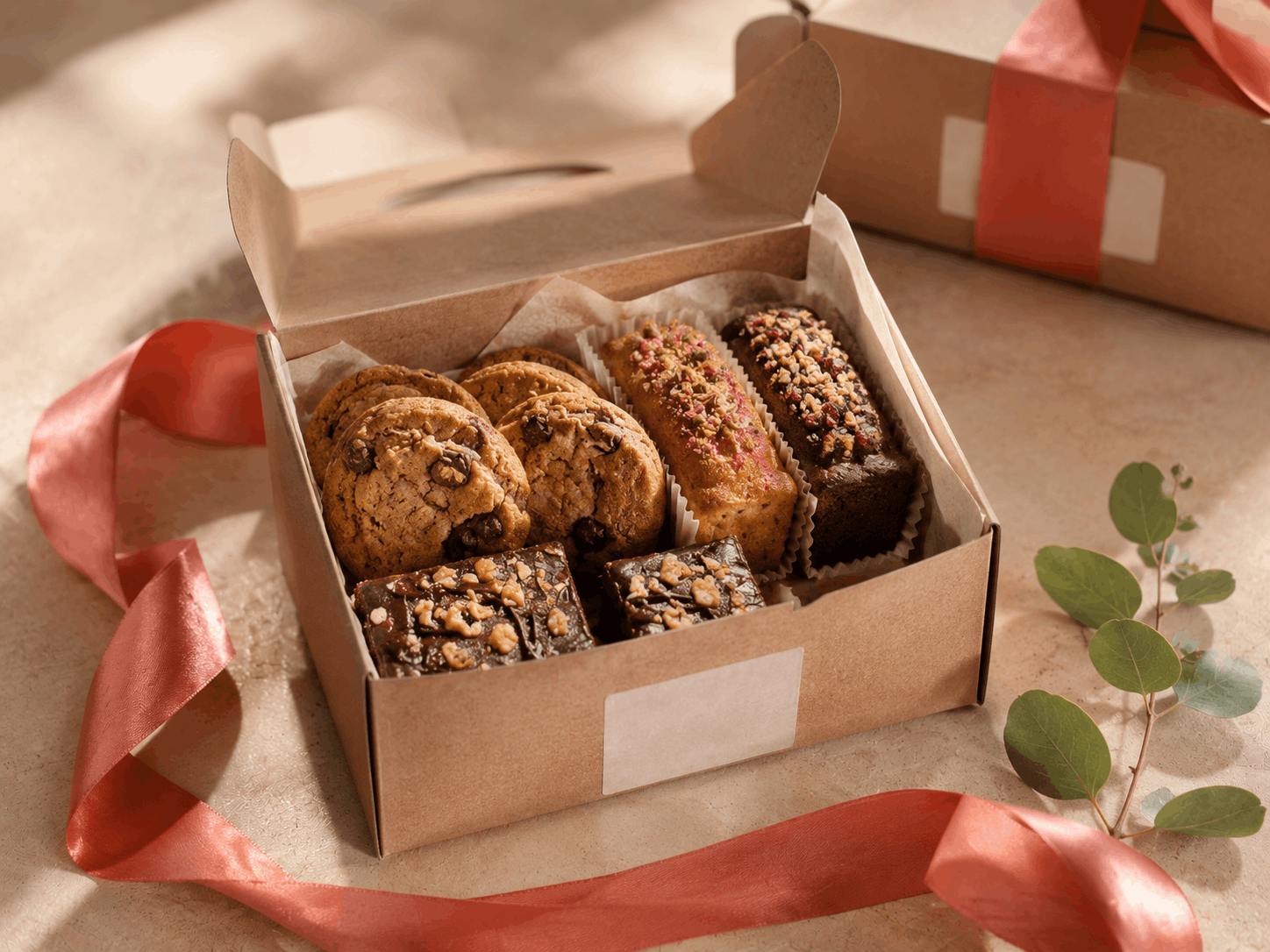 Kartonbox mit Cookies, Papieretikett und Schleife in Korallton