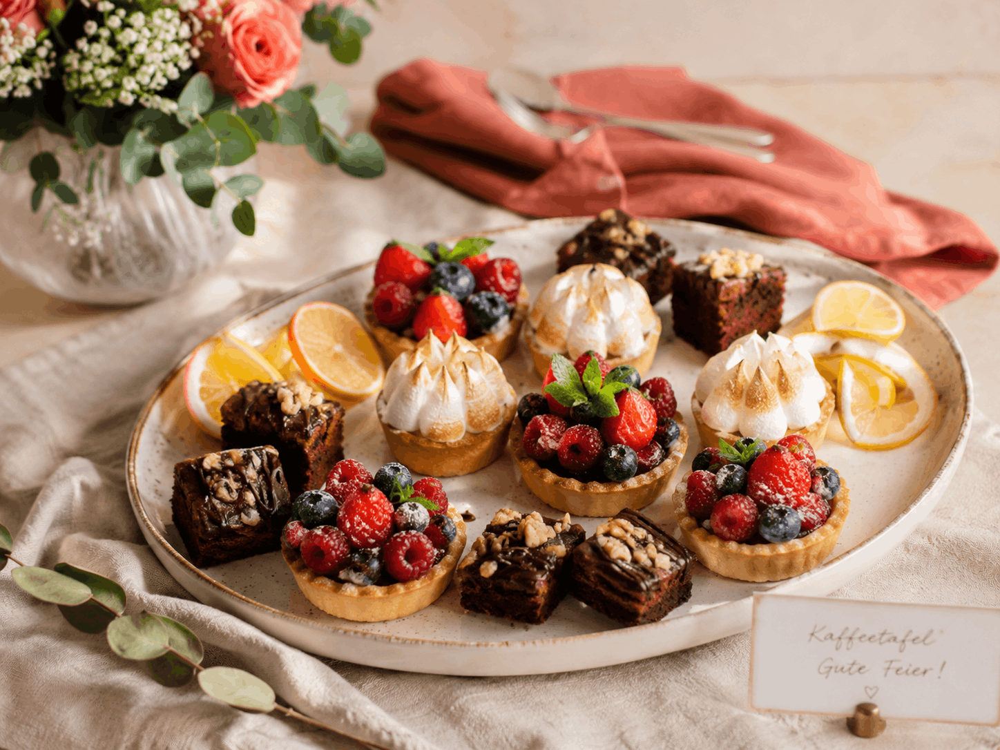 Dessertplatte mit Mini-Tartes und Brownies auf hellem Leinentuch