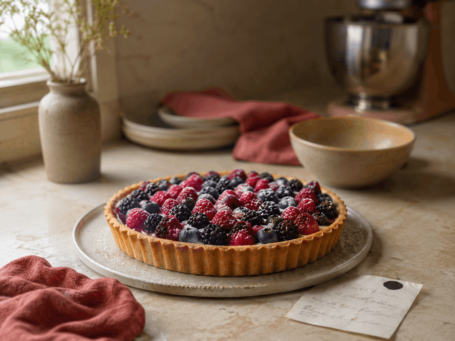 Frische Tarte auf Sandstein-Arbeitsfläche mit handgeschriebenem Bestellzettel